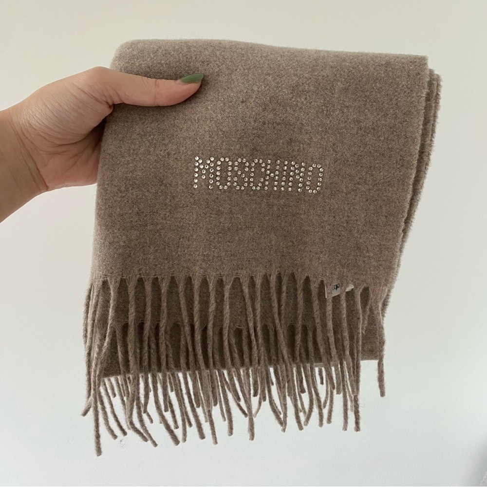Moschino crystal embellished logo wool scarf with fringe beige grey